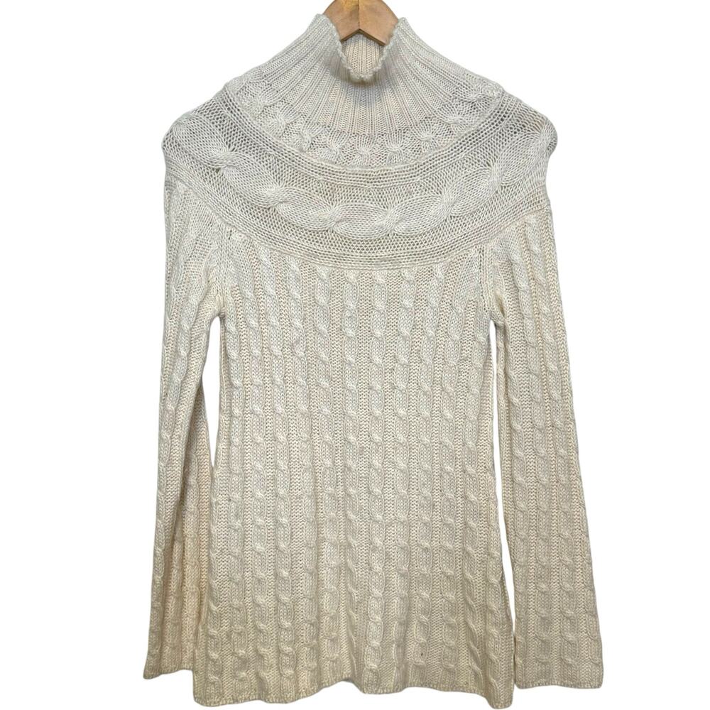 Garnet Hill Alpaca Blend Cream Mock Neck Cable Knit Pullover Sweater